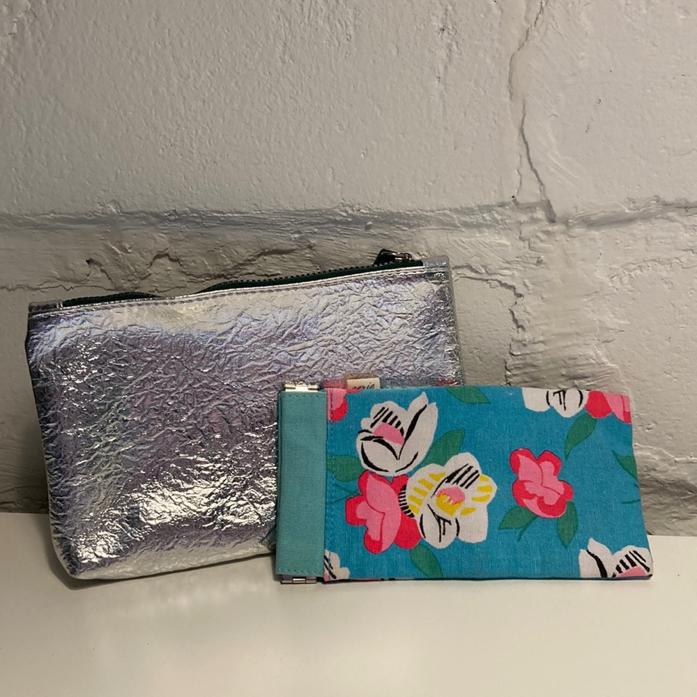 Aerie sunglasses case and Ipsy silver bag